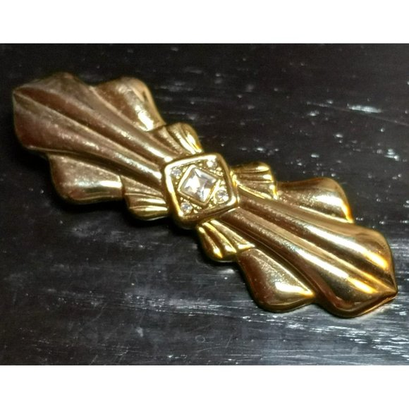 Vintage Rhinestone Gold Tone Bar Bow Brooch Pin - Picture 1 of 3